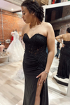Black Strapless Sweetheart Beaded Satin Long Prom Dress with Slit
