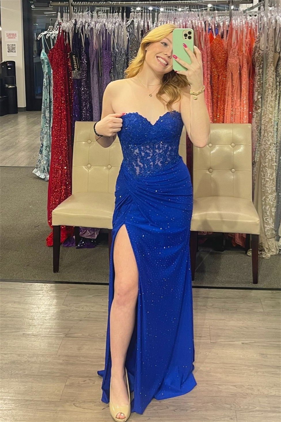 Royal Blue Strapless Sweetheart Beaded Satin Long Prom Dress with Slit