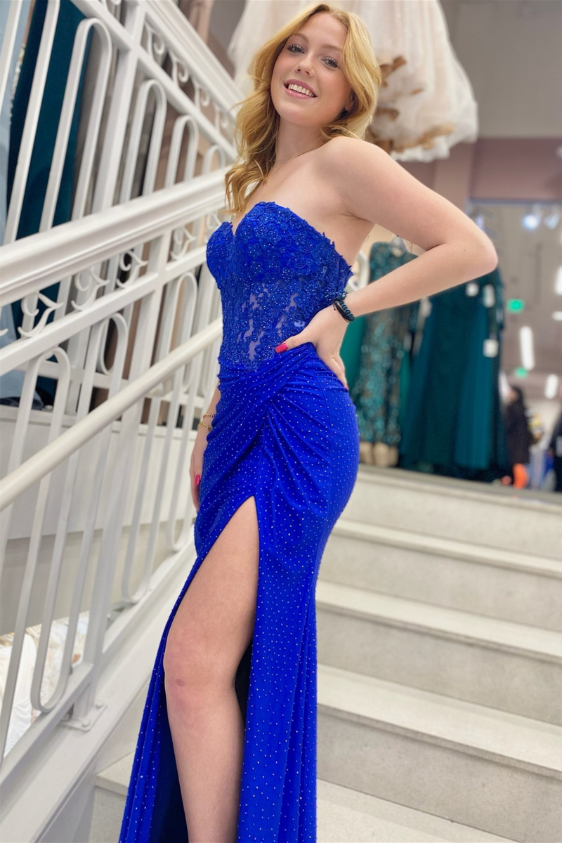 Royal Blue Strapless Sweetheart Beaded Satin Long Prom Dress with Slit