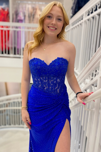 Royal Blue Strapless Sweetheart Beaded Satin Long Prom Dress with Slit