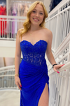Royal Blue Strapless Sweetheart Beaded Satin Long Prom Dress with Slit
