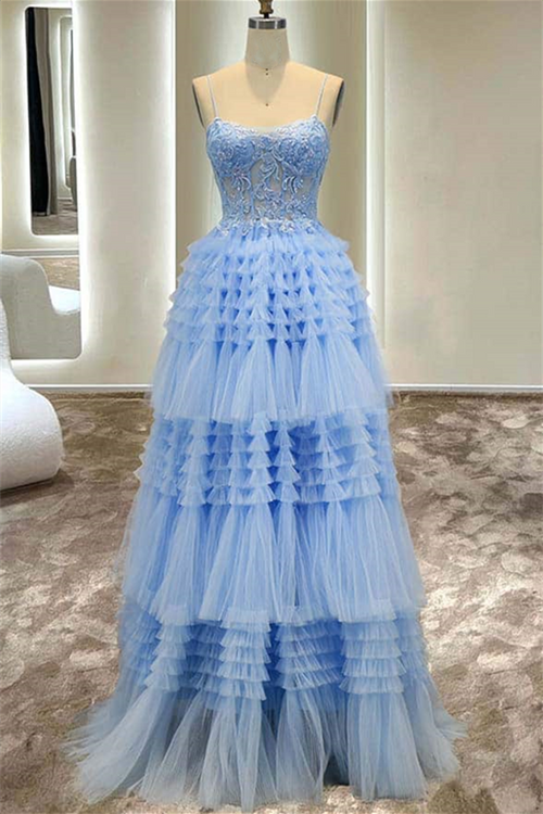Light Blue Lace-Up Appliques Multi-Layers Tulle Long Prom Dress