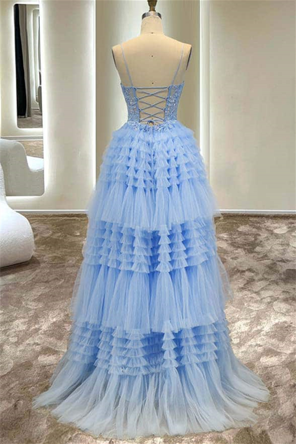 Light Blue Lace-Up Appliques Multi-Layers Tulle Long Prom Dress