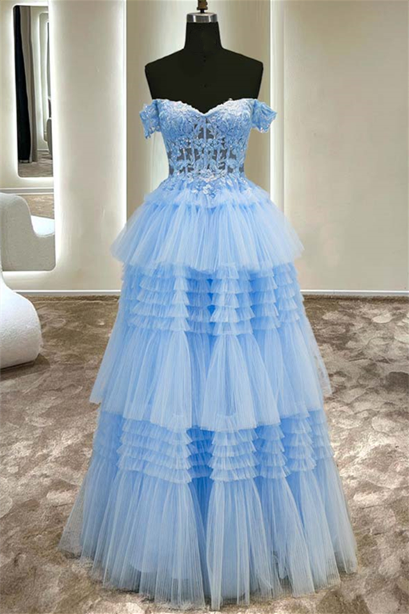 Light Blue Off-the-Shoulder Appliques Multi-Layers Tulle Long Prom Dress