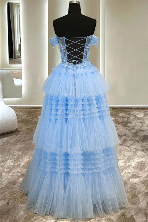 Light Blue Off-the-Shoulder Appliques Multi-Layers Tulle Long Prom Dress