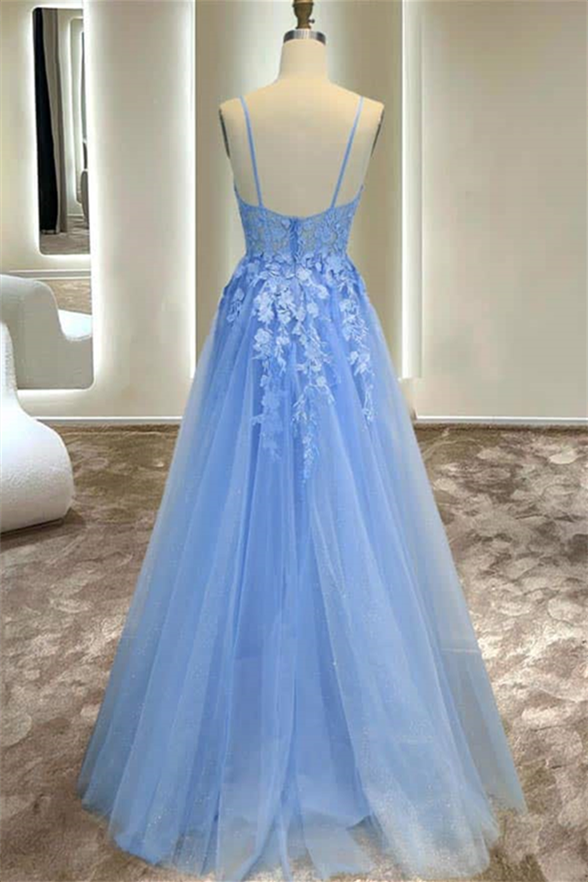 Trendy Blue Straps Front Slit Lace Prom Dress JTE307 main image 1