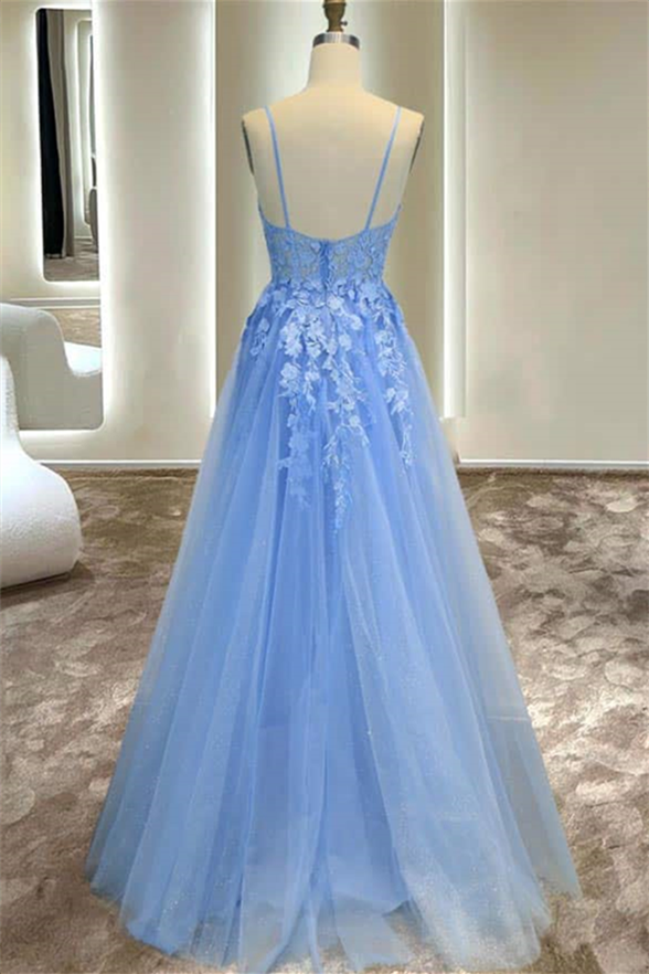 Blue Straps Appliques Tulle A-line Long Prom Dress with Slit