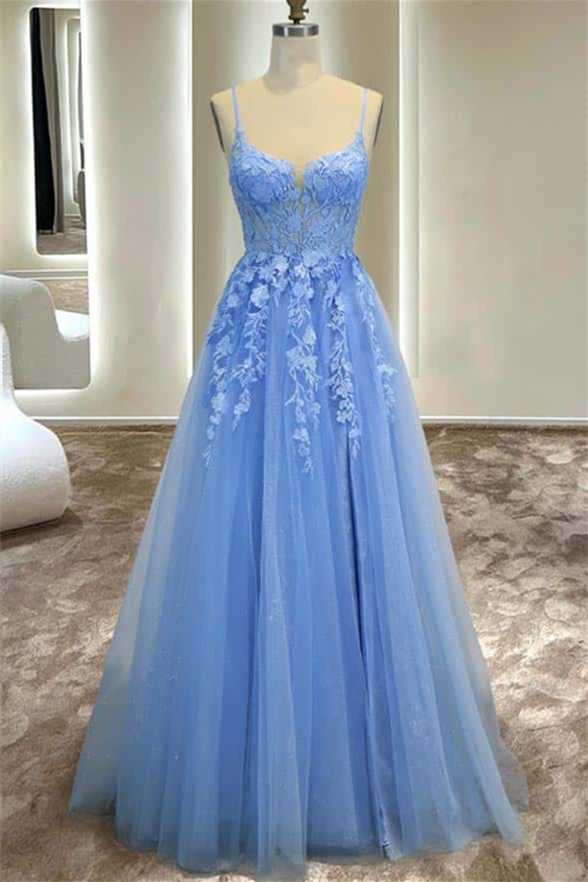 Blue Straps Appliques Tulle A-line Long Prom Dress with Slit