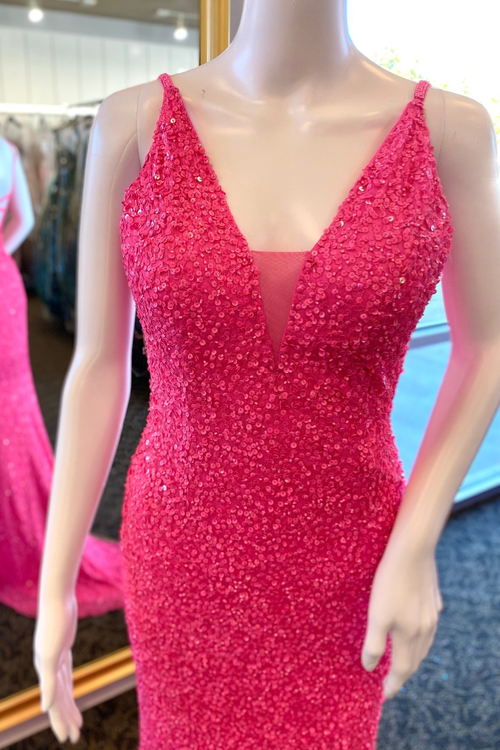 Hot Pink Sequins Straps Plunging V Neck Long Prom Dress