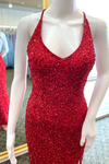 Red V Neck Crossed Straps Sequins Long Prom Dress with Slit