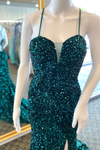 Hunter Green Lace-Up V Neck Sequins Long Prom Dress with Slit