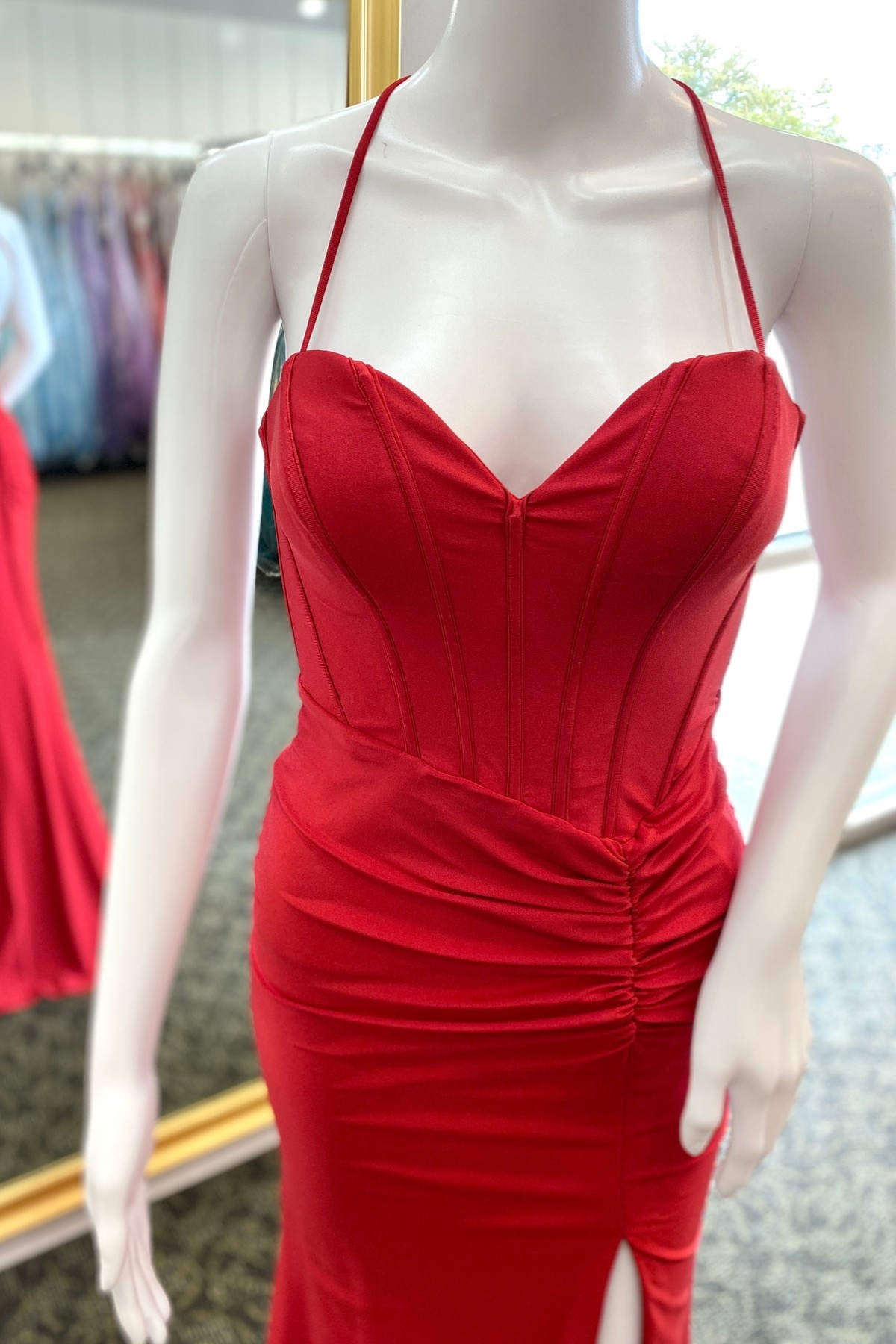 Red Satin Lace-Up Pleated Sweetheart Long Prom Dress with Slit