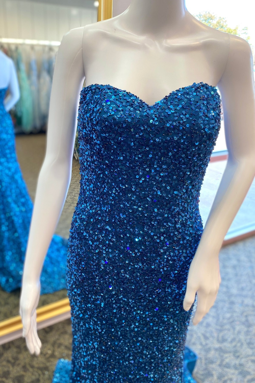 Blue Sequins Strapless Sweetheart Mermaid Long Prom Dress