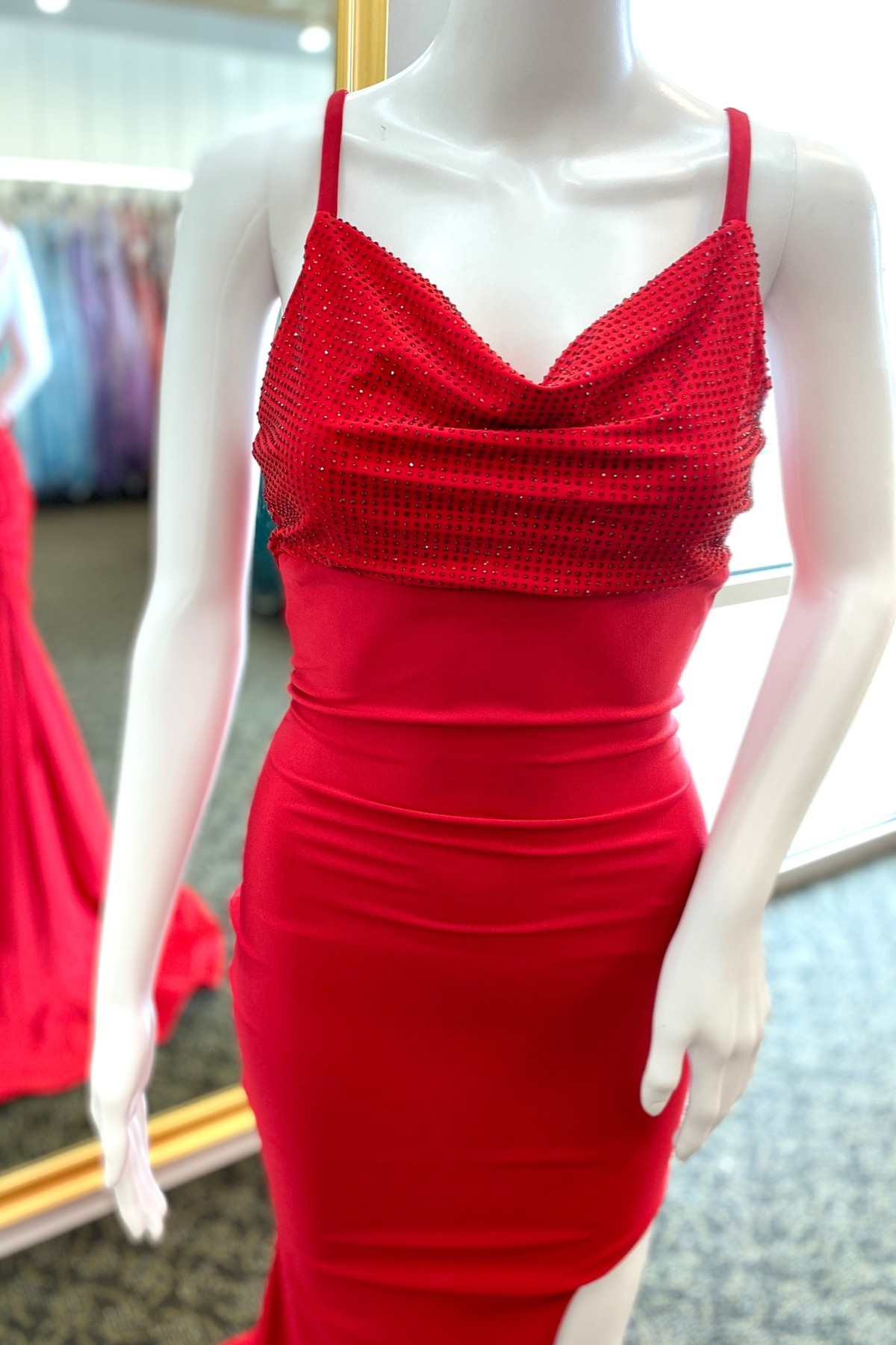 Red Satin Cowl Neck Beaded Lace-Up Mermaid Prom Dress with Slit –  FancyVestido
