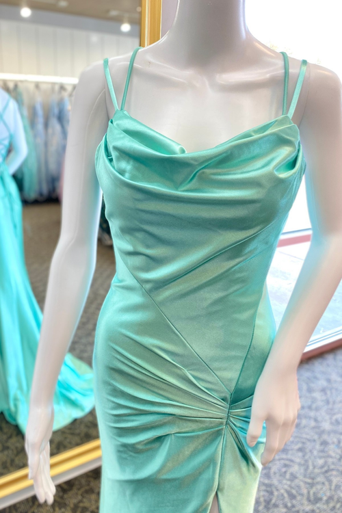 Dusty Sage Satin Cowl Neck Lace-Up Pleated Long Prom Dress with Slit