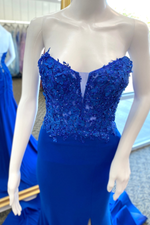 Royal Blue Satin Appliques Strapless Mermaid Long Prom Dress with Slit