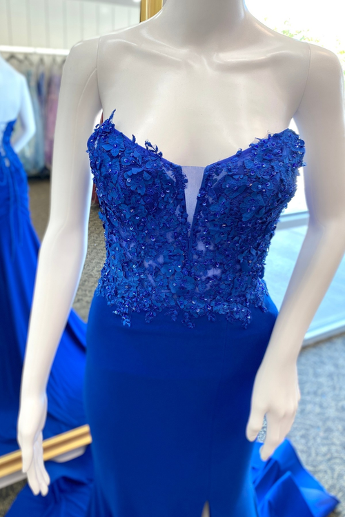 Royal Blue Satin Appliques Strapless Mermaid Long Prom Dress with Slit
