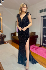 Black Sequins Feathers Deep V Long Prom Dress with Slit
