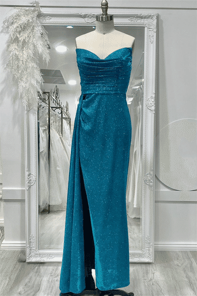 Sparkly Ink Blue Strapless Pleated Long Prom Dress with Slit  FancyVestido