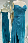 Sparkly Ink Blue Strapless Pleated Long Prom Dress with Slit