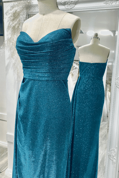 Sparkly Ink Blue Strapless Pleated Long Prom Dress with Slit