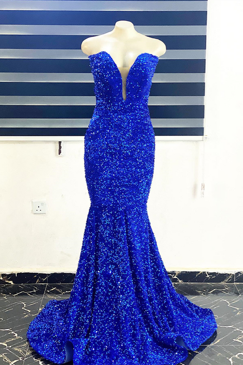 Royal Blue Sequins Strapless Plunging V Mermaid Long Prom Dress