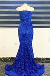 Royal Blue Sequins Strapless Plunging V Mermaid Long Prom Dress