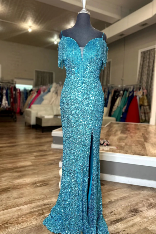 Ink Blue Sequins Tassels Cold Shouolder Long Prom Dress with Slit