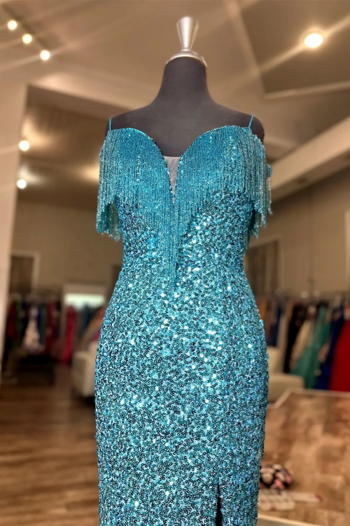 Ink Blue Sequins Tassels Cold Shouolder Long Prom Dress with Slit