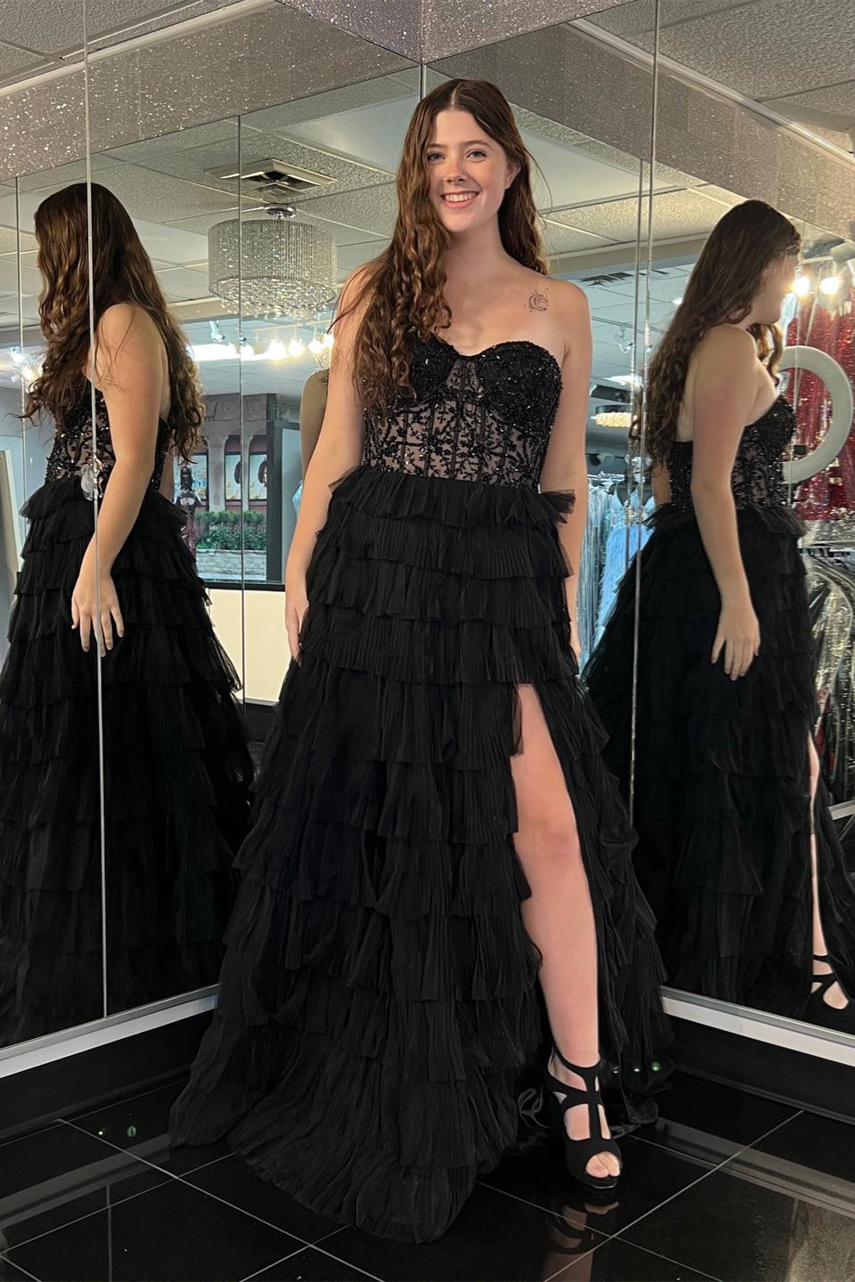 Black Tulle Strapless Beaded Multi-Layers Long Prom Dress with Slit