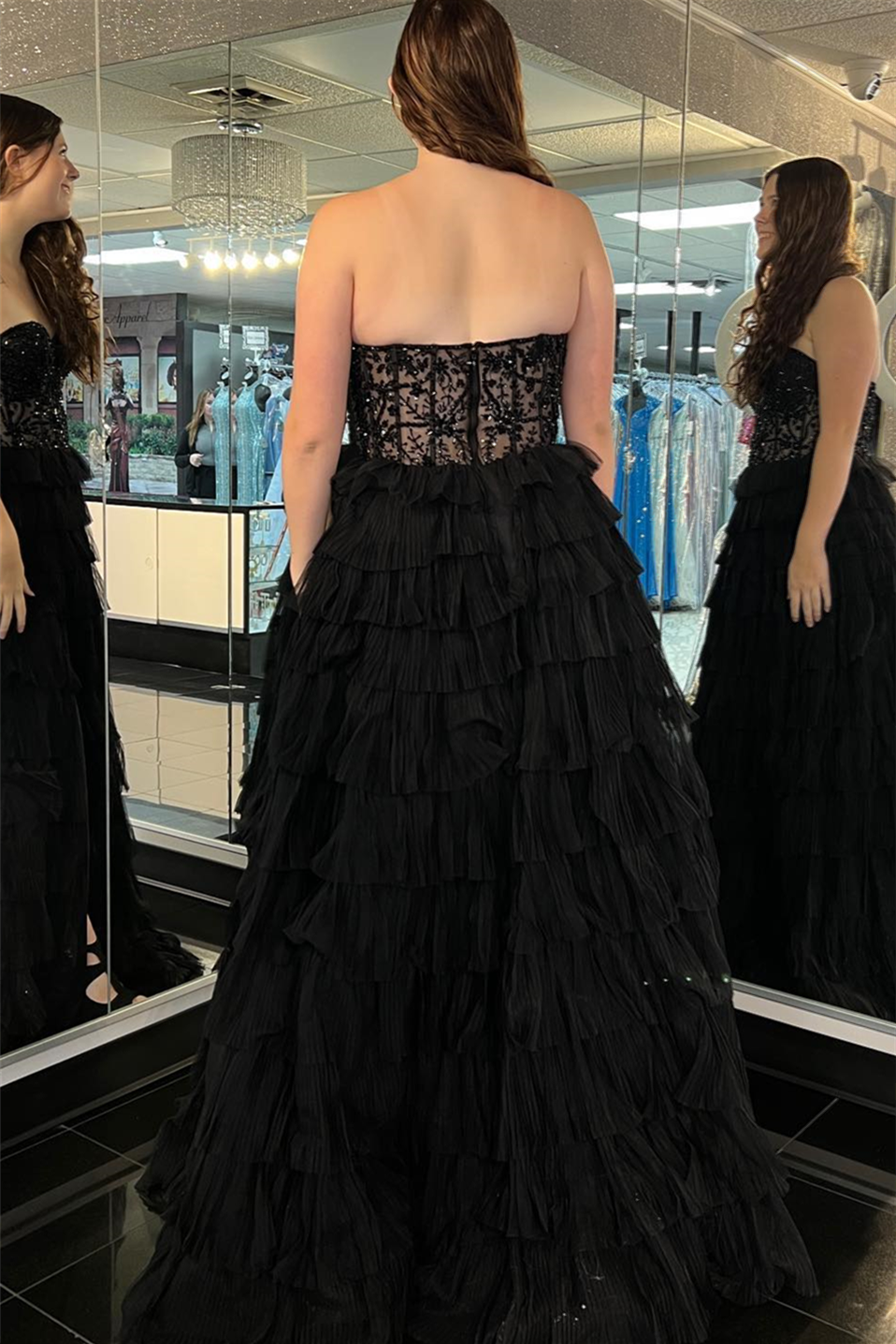Black Tulle Strapless Beaded Multi-Layers Long Prom Dress with Slit