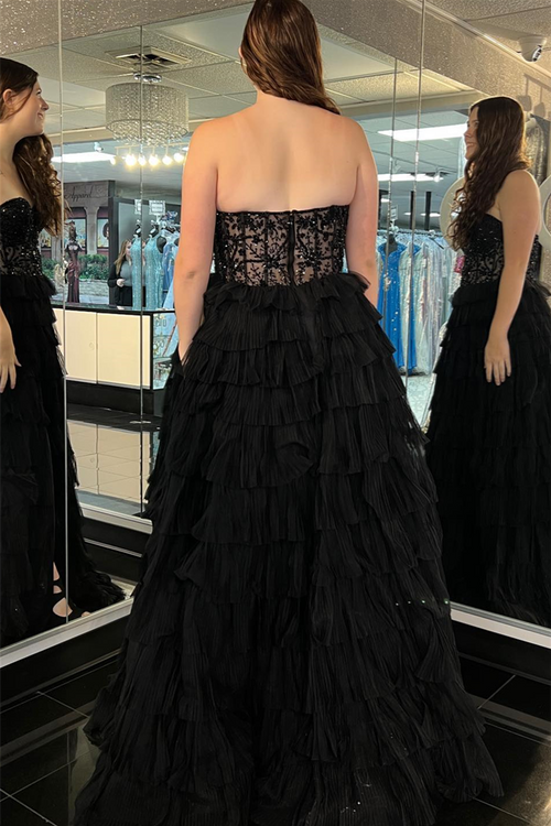 Black Tulle Strapless Beaded Multi-Layers Long Prom Dress with Slit