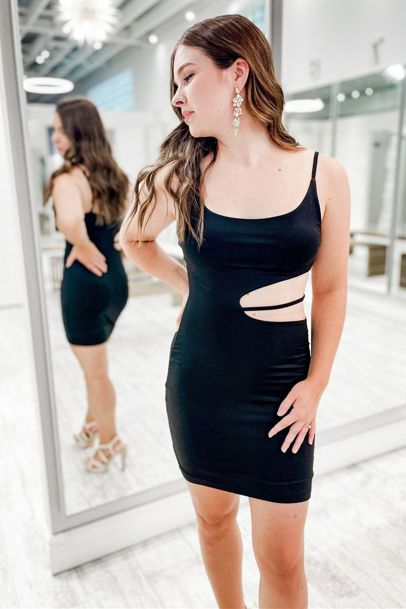 Tight Straps Black Side Cutout Mini Dress