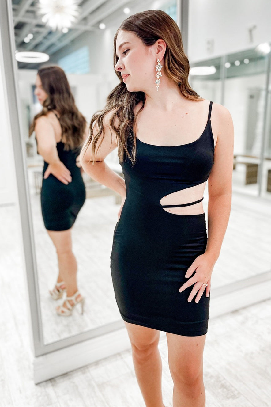 Tight Straps Black Side Cutout Mini Dress FancyVestido Tight Straps Black Side Cutout Mini Dress FancyVestido
