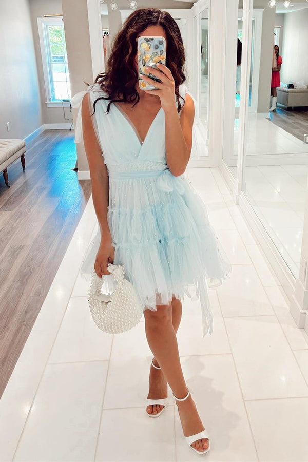 Princess Peach Tulle A-Line Homecoming Dress with Pearls