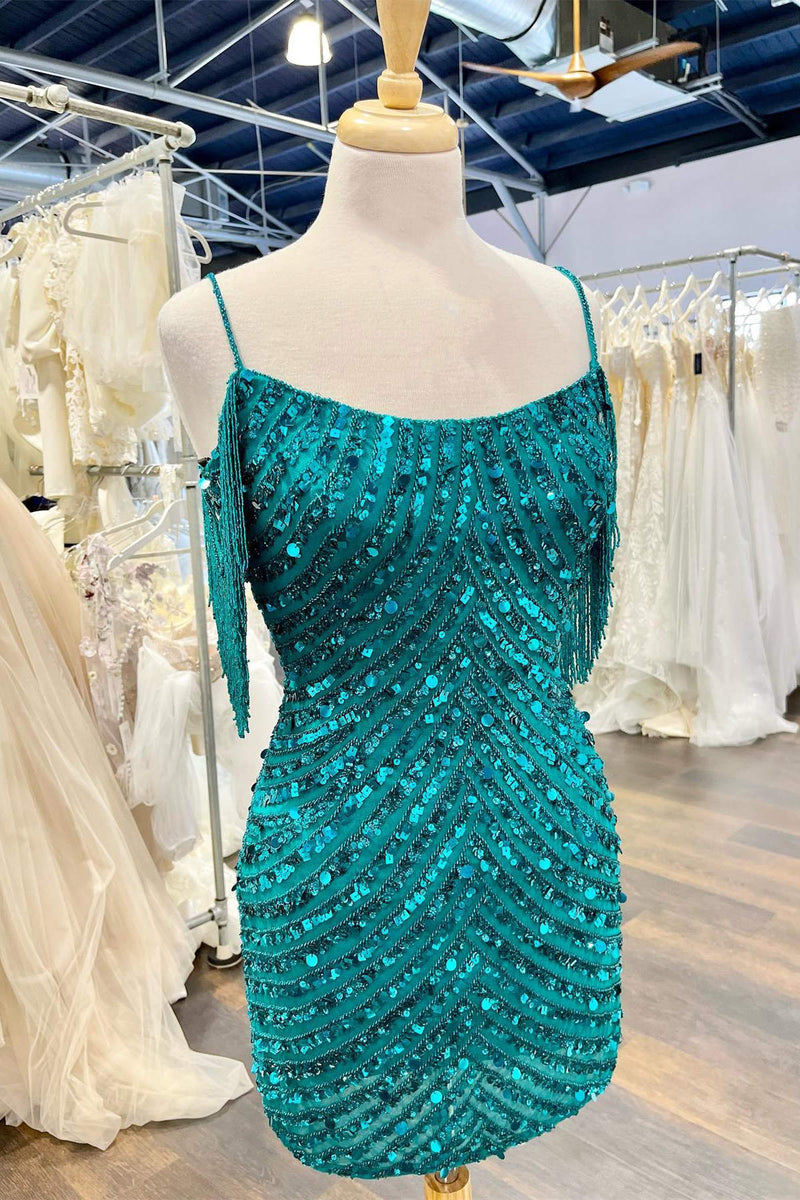 Straps Teal Sequined Short Homecoming Dress with Tassel
