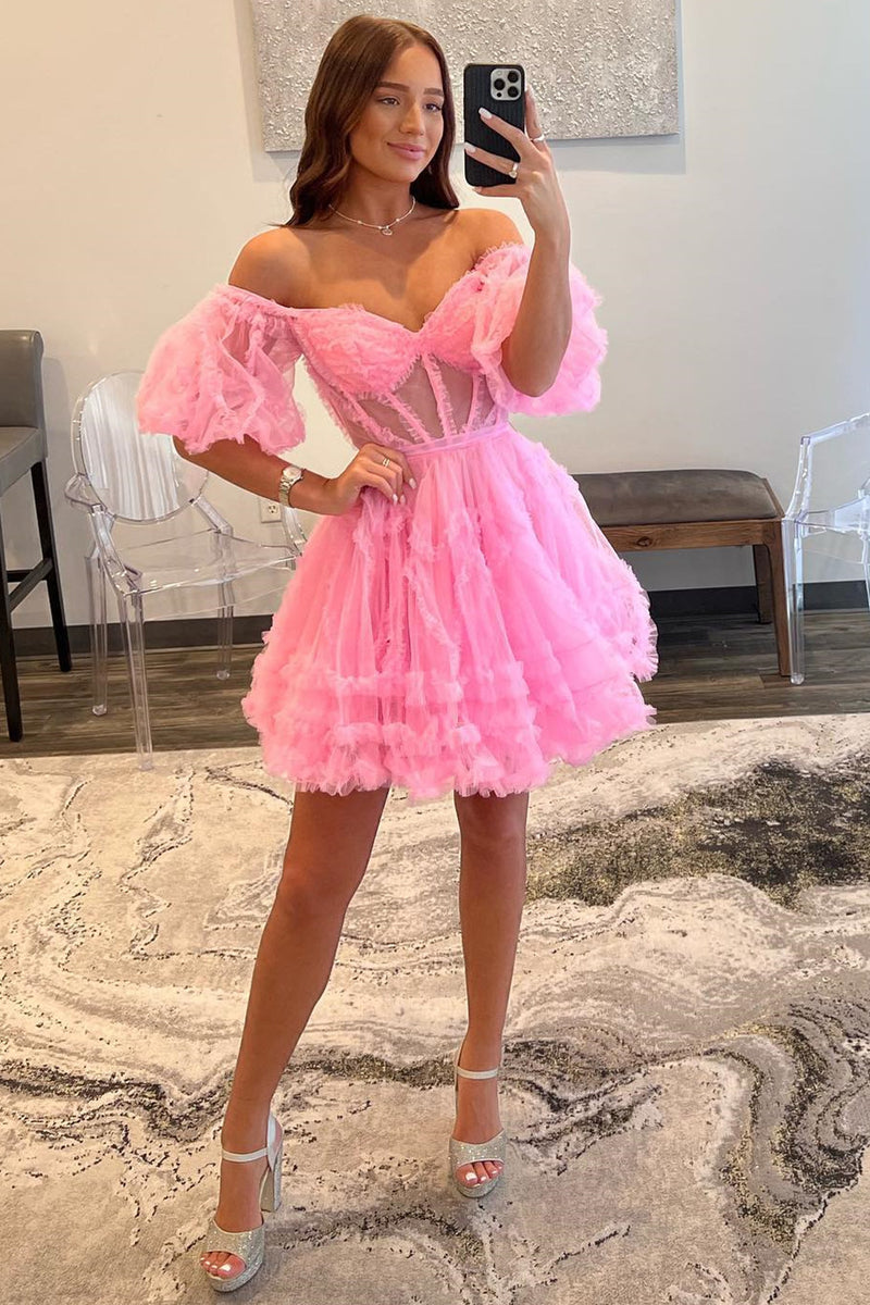 Off the Shoulder Pink Ruffles Tulle Homecoming Dress