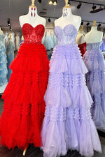 Red Strapless Sweetheart Sequins Top Multi-Layers Long Prom Dress