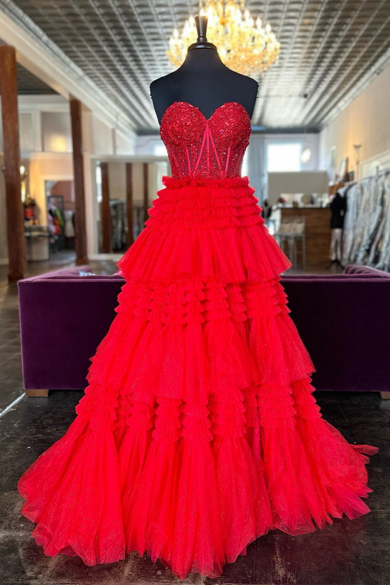 Red Strapless Sweetheart Sequins Top Multi-Layers Long Prom Dress 