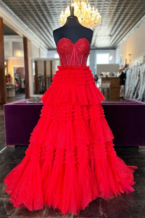 Red Strapless Sweetheart Sequins Top Multi-Layers Long Prom Dress 