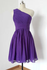 One Shoulder Purple Pleated Chiffon Short Bridesmaid Dress