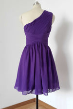 One Shoulder Purple Pleated Chiffon Short Bridesmaid Dress