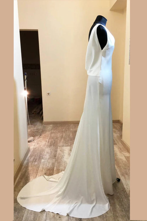 Asymmetrical Neck White Long Bridesmaid Dress with Slit