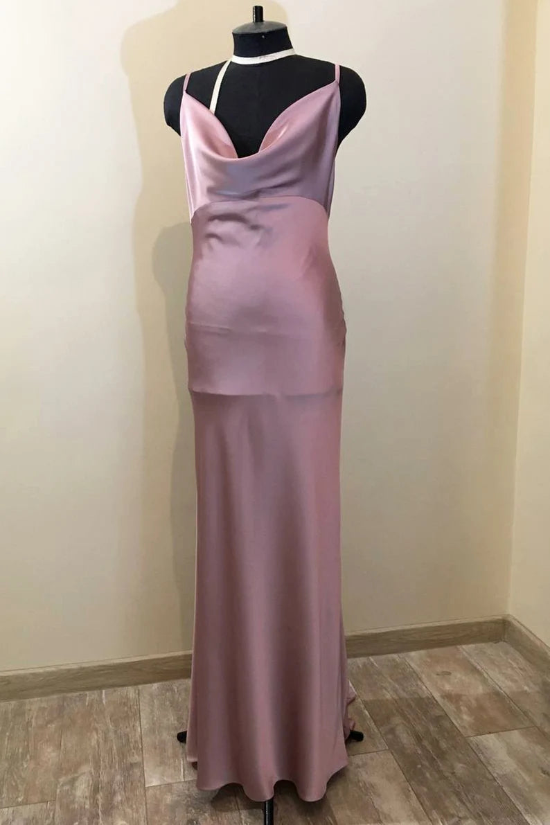 Dusty Purple Cowl Neck Satin Long Bridesmaid Dress with Slit