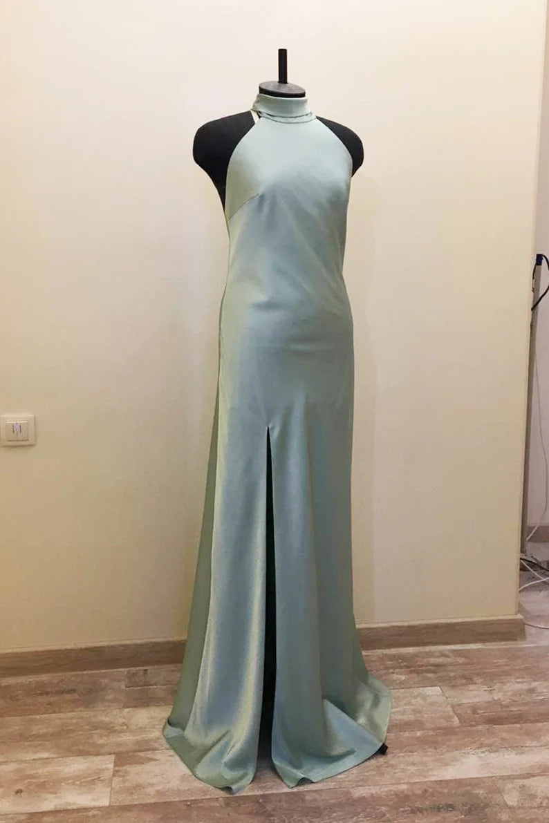 Sage Green Chiffon Halter Backless Long Bridesmaid Dress main image 1