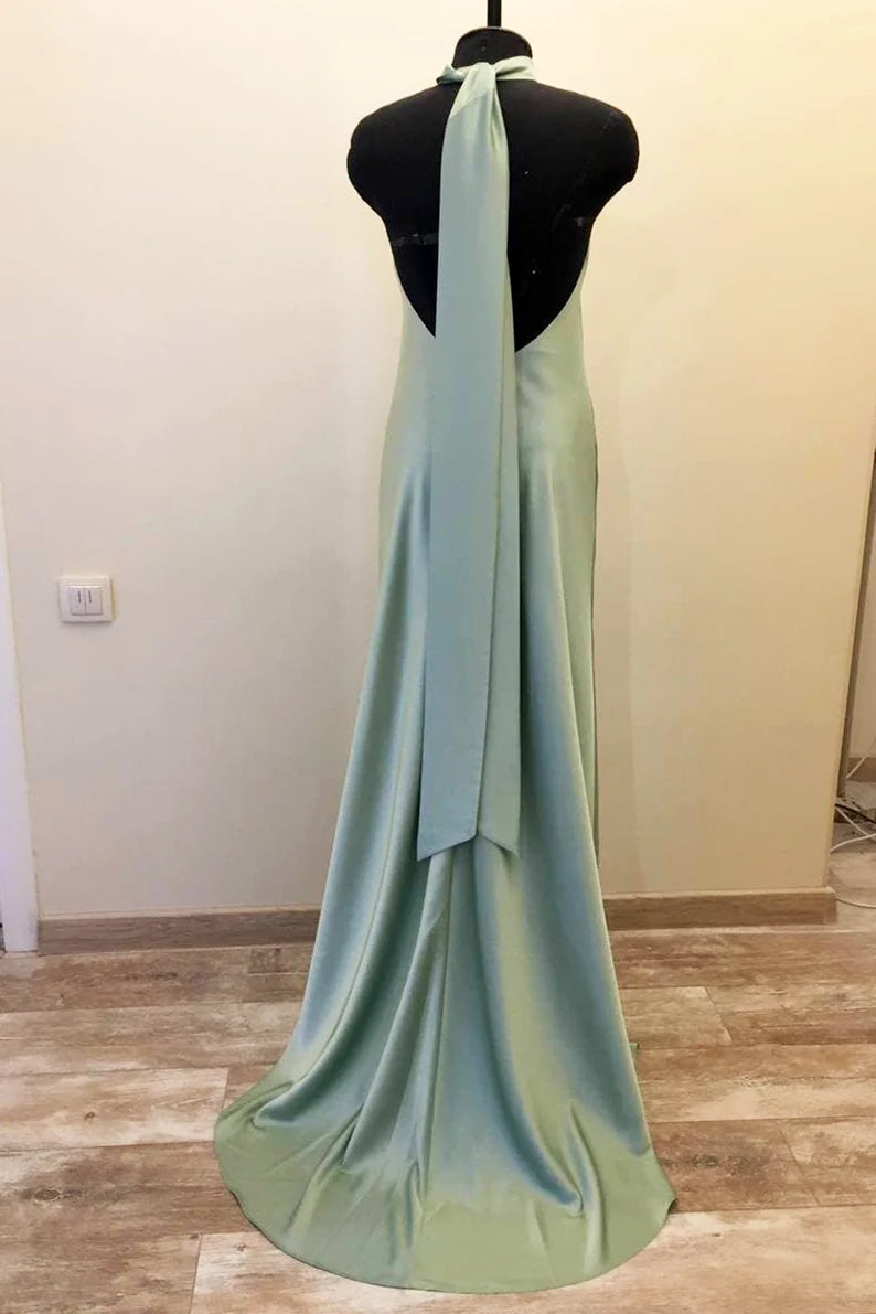 Long Satin Draped Sage Green Halter Bridesmaid Dress FancyVestido Long Satin Draped Sage Green Halter Bridesmaid Dress FancyVestido