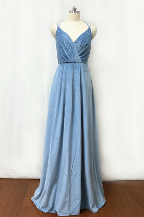 Double-Strap Dusty Blue Velvet Long Bridesmaid Dress