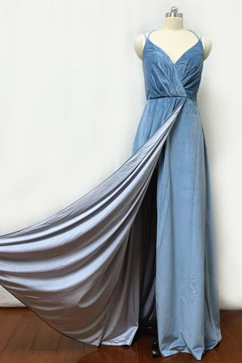 Double-Strap Dusty Blue Velvet Long Bridesmaid Dress