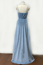 Double-Strap Dusty Blue Velvet Long Bridesmaid Dress