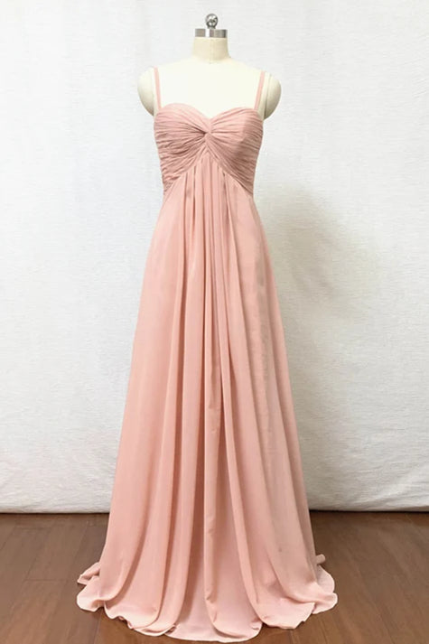 Spaghetti Straps Blush Pink Pleate Chiffon Long Bridesmaid Dress